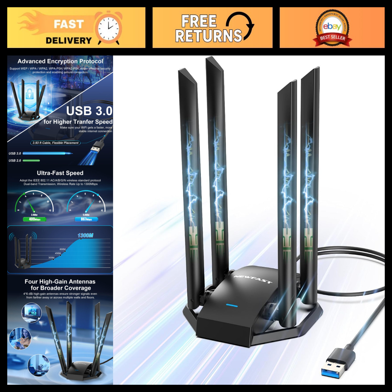 AC1300 USB WiFi Adapter for Desktop PC, High-Speed Wireless Network Adapter