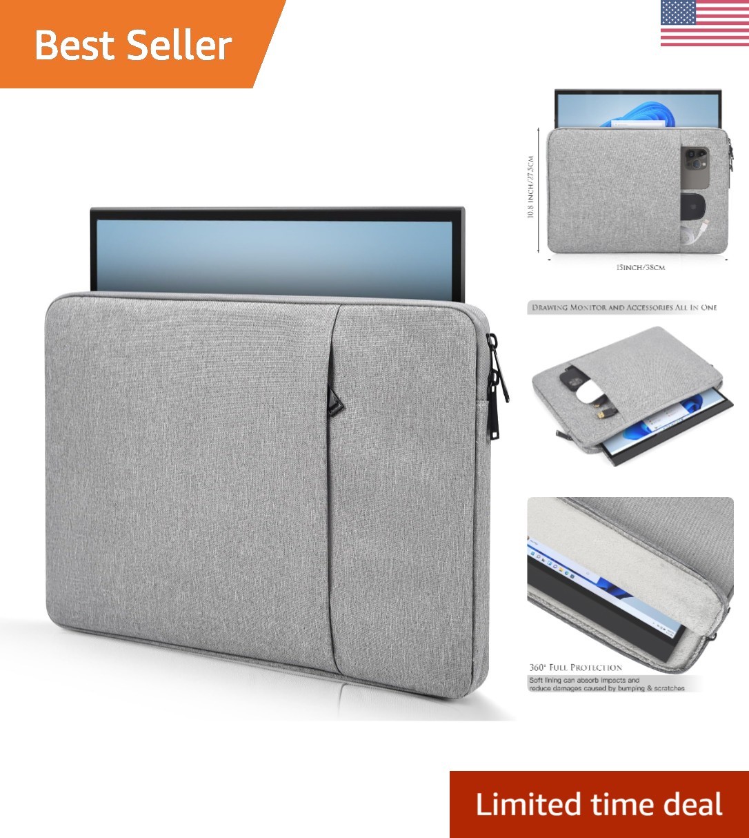 Compact 15.6 Inch Monitor Case with Front Pocket - Shockproof & Lightweight