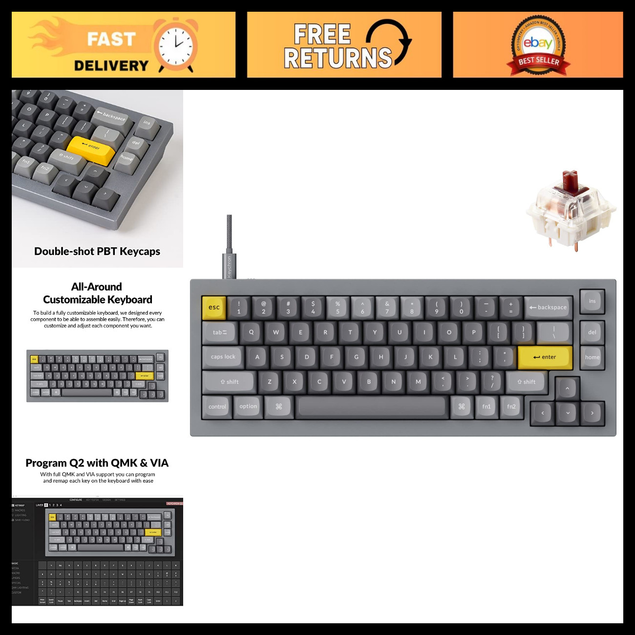 Custom Mechanical Keyboard 65% Layout, Hot-Swappable Gateron Brown, QMK/VIA, Alu