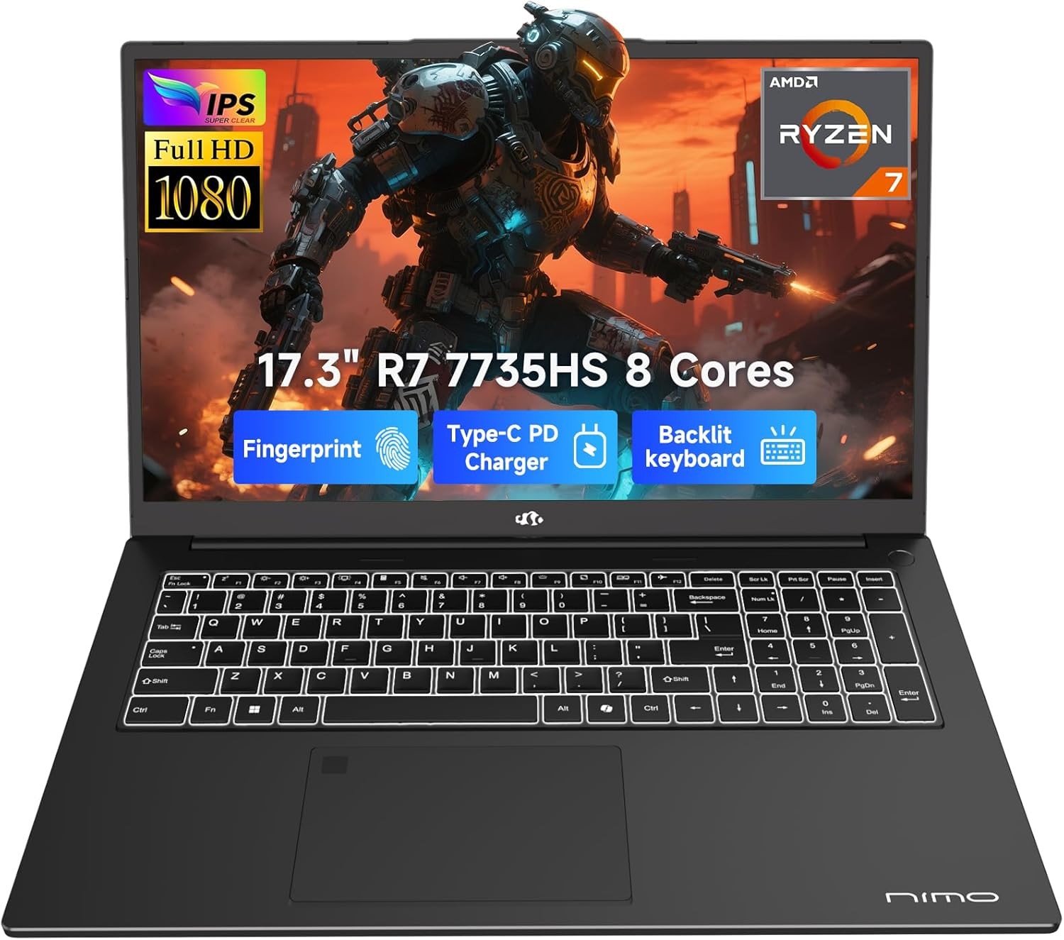 NIMO Light Gaming Laptop 17.3" FHD IPS AMD R7 7735HS 16GB DDR5 RAM 256GB