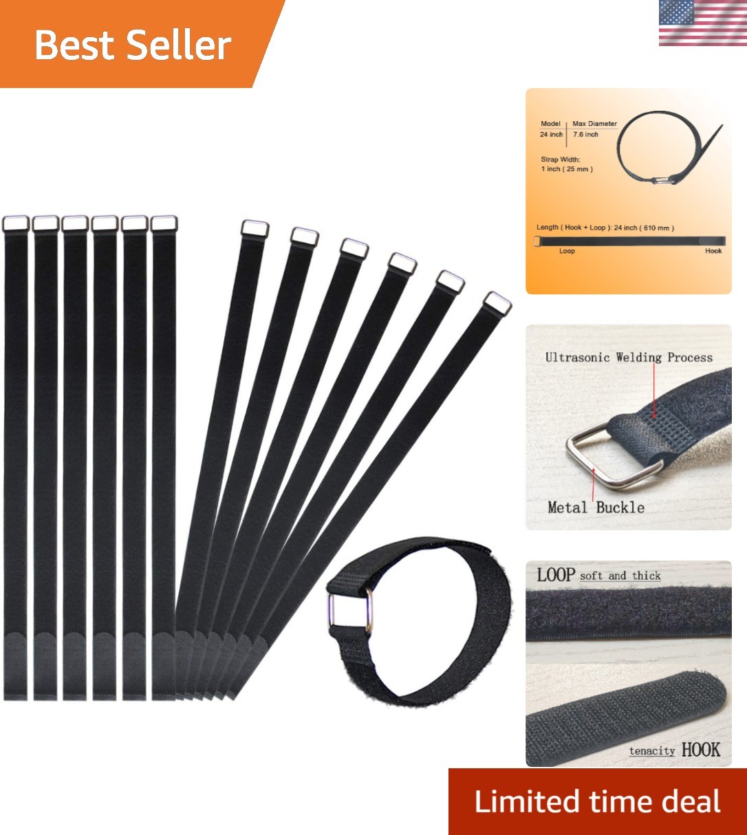 Pack of 12  24'' Hook and Loop Fastening Straps - Strong & Versatile