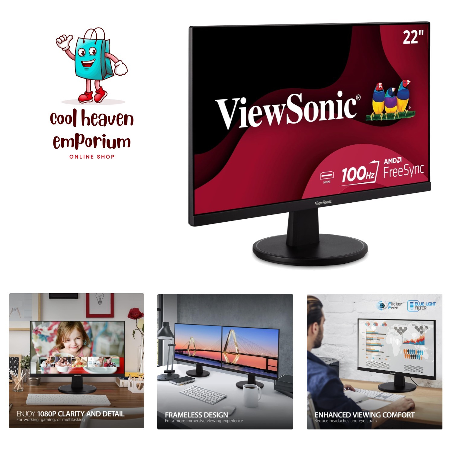VS2247-MH 22 Inch 1080p Monitor, 100Hz Refresh Rate for Smooth Home and Offic...