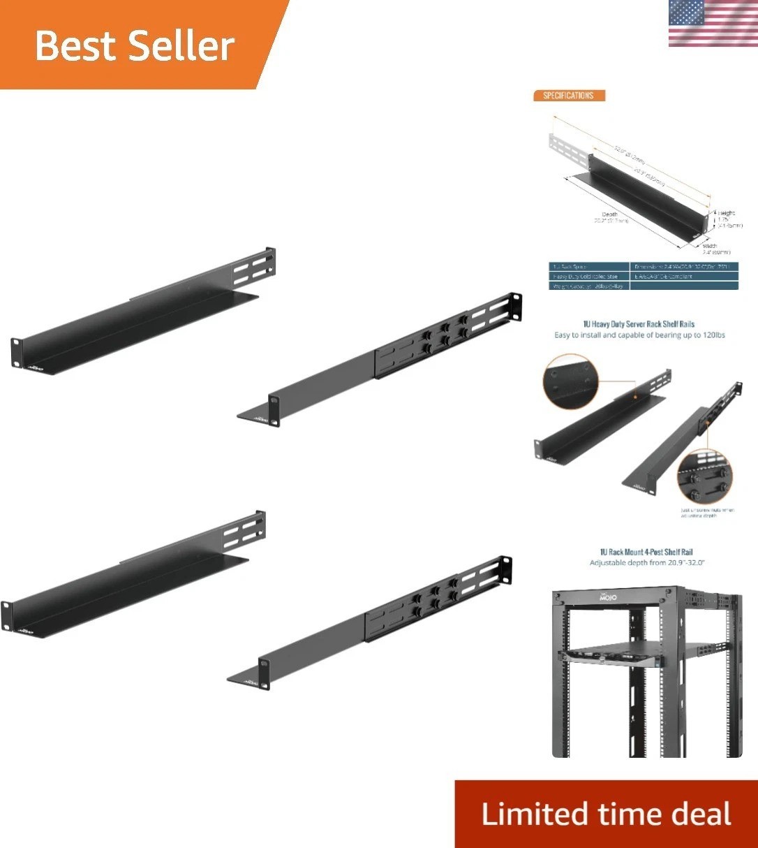 2 Pack 1U Universal Rack Mount Rails,4-Post Server Rack Shelf Rail with 20.9"...