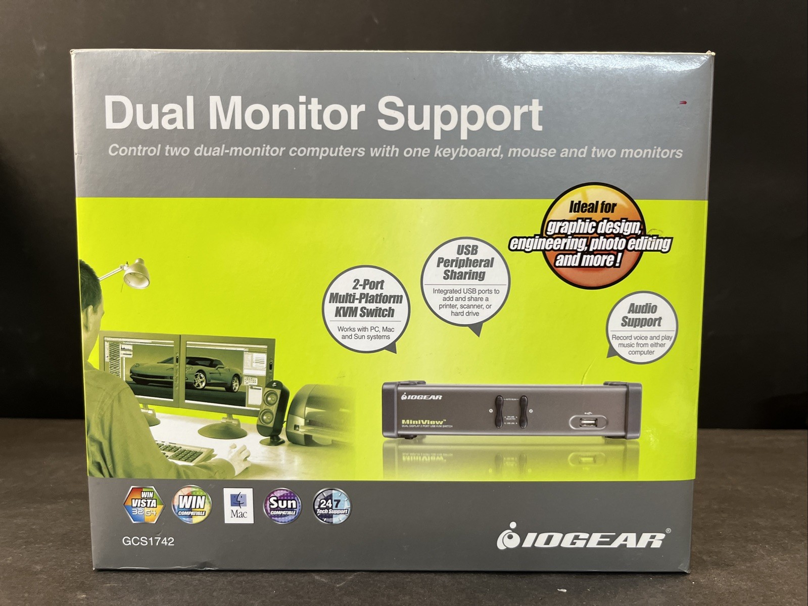 IOGEAR MiniView GCS1742 2-Port Dual View KVM Switch New Open Box