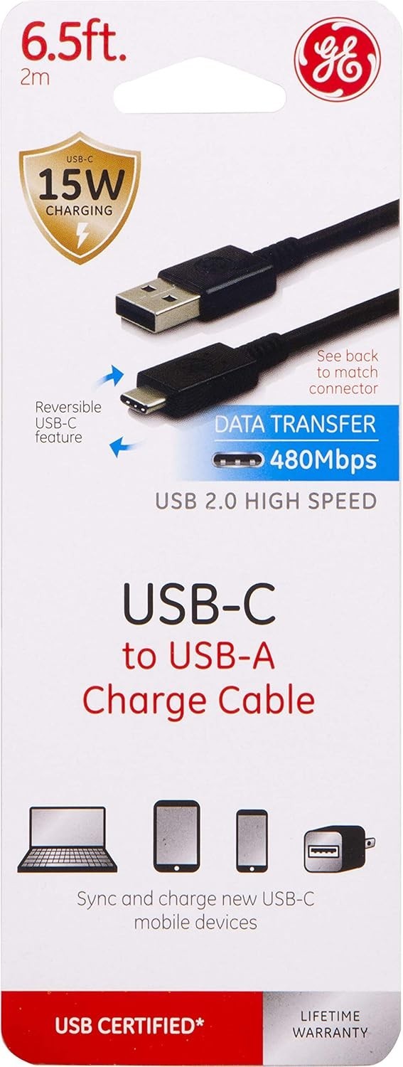 GE USB Type A Male to USB Type C Male Cable 6.5ft Black Charge & Data Transfer