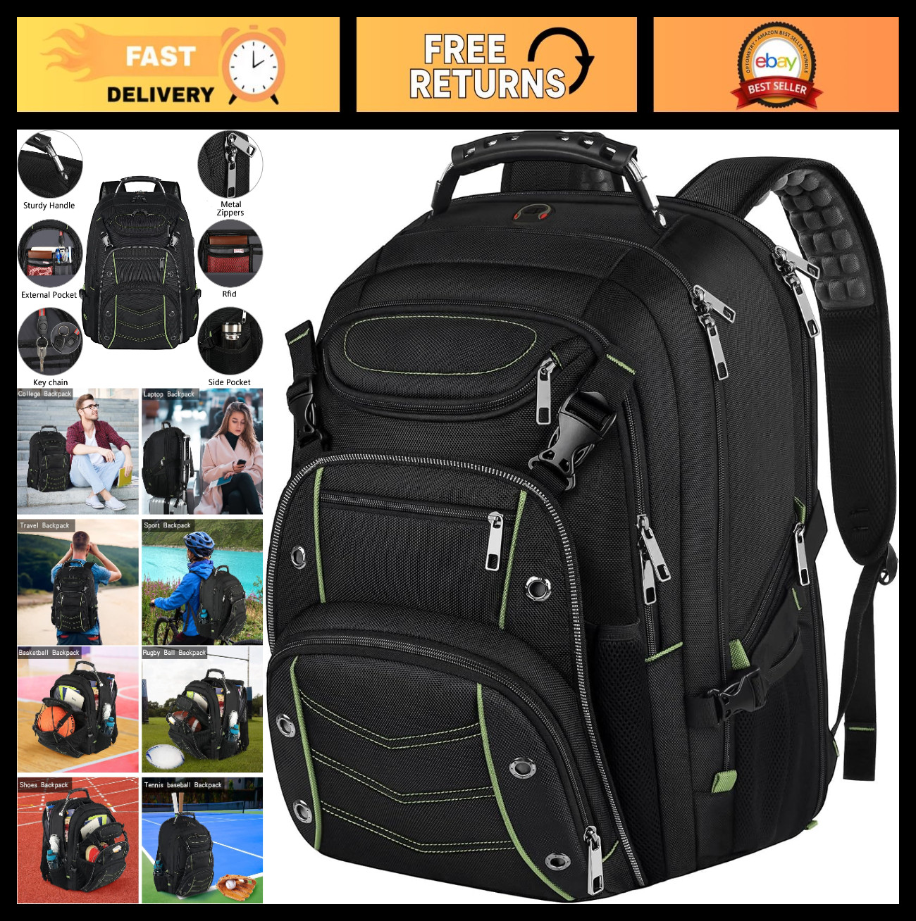 Extra Large 55L Laptop Backpack for Men, TSA Friendly, RFID Anti-Theft, Gaming B