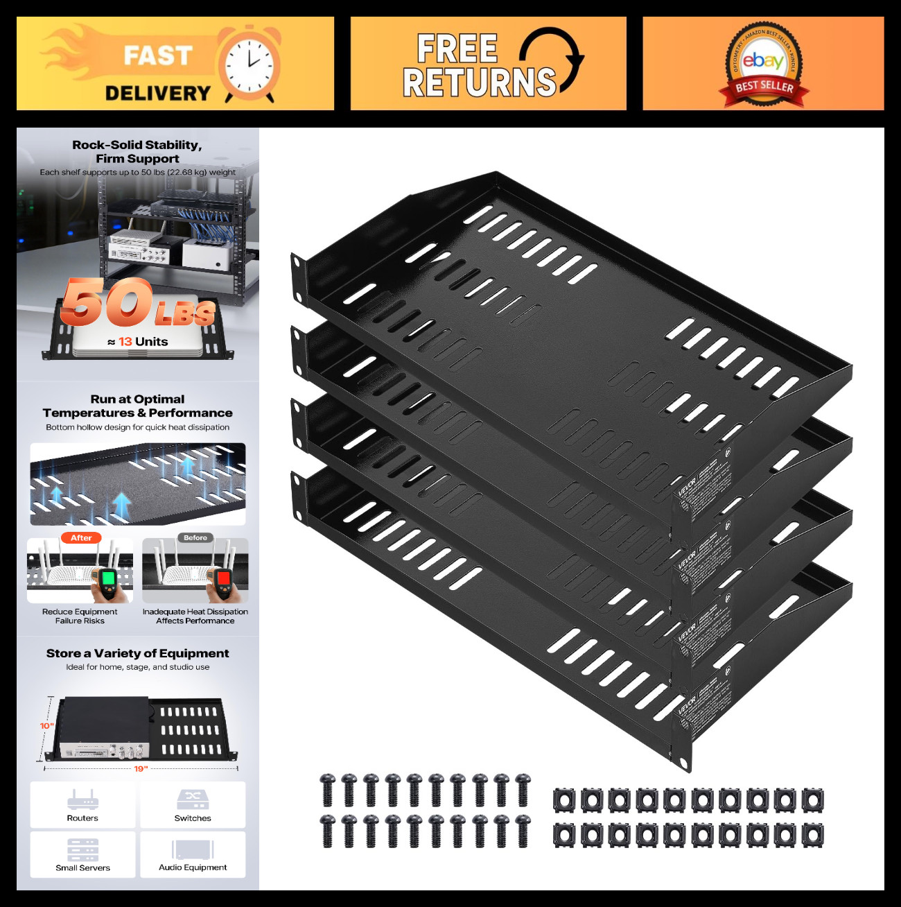 Universal Vented 1U Server Rack Shelf - 4PCS Cantilever Mount Tray for Equipment