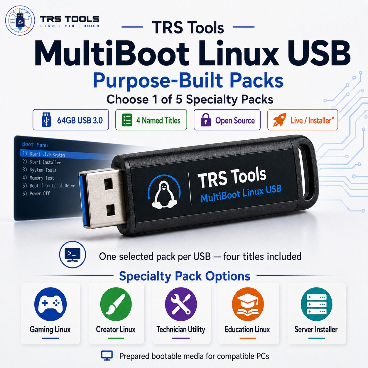 64GB Bootable Linux USB – Select One Specialty Pack – Physical Media