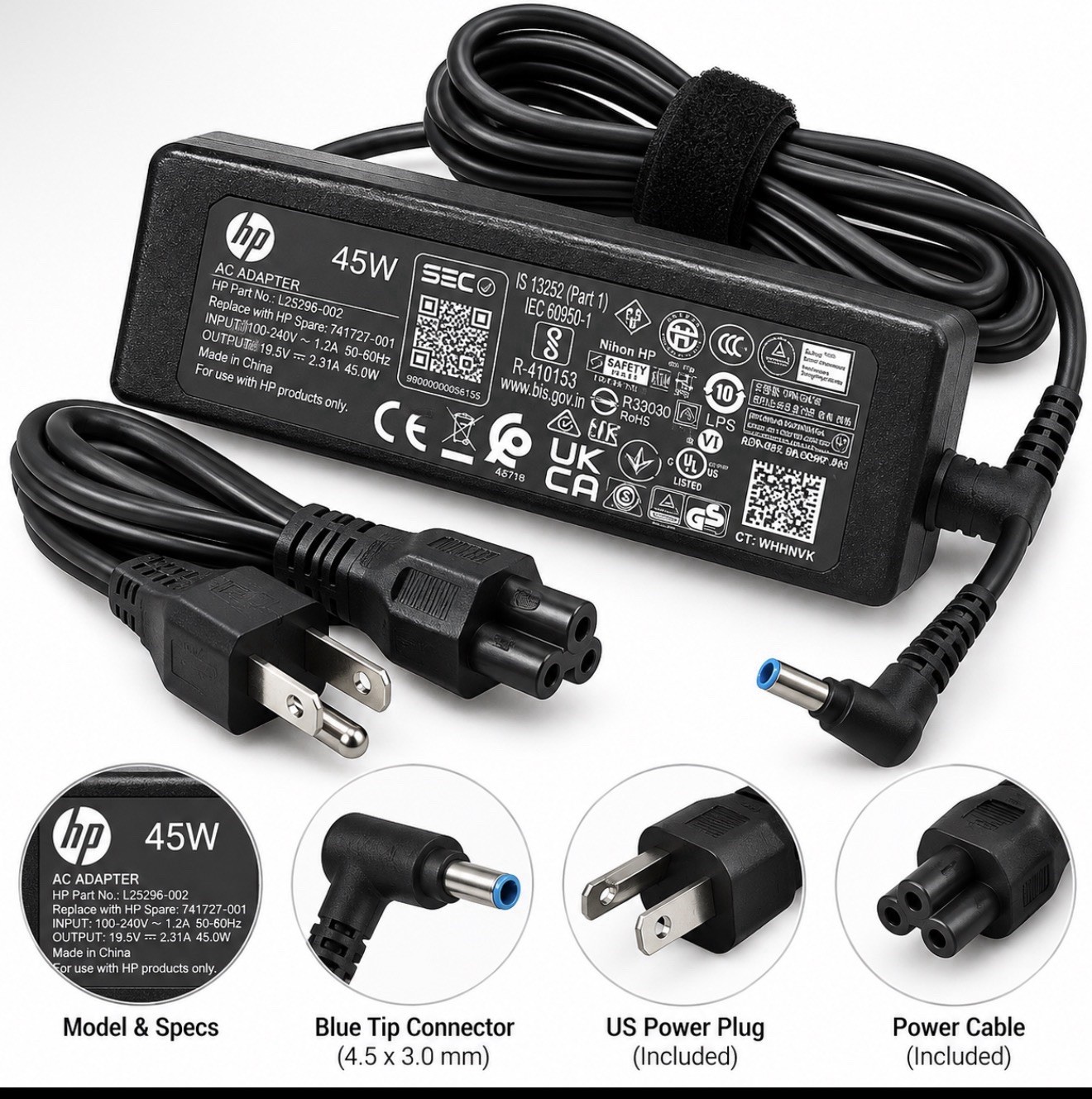 HP Original 45W Laptop Charger AC Adapter 19.5V 2.31A Blue Tip w/ Power Cord