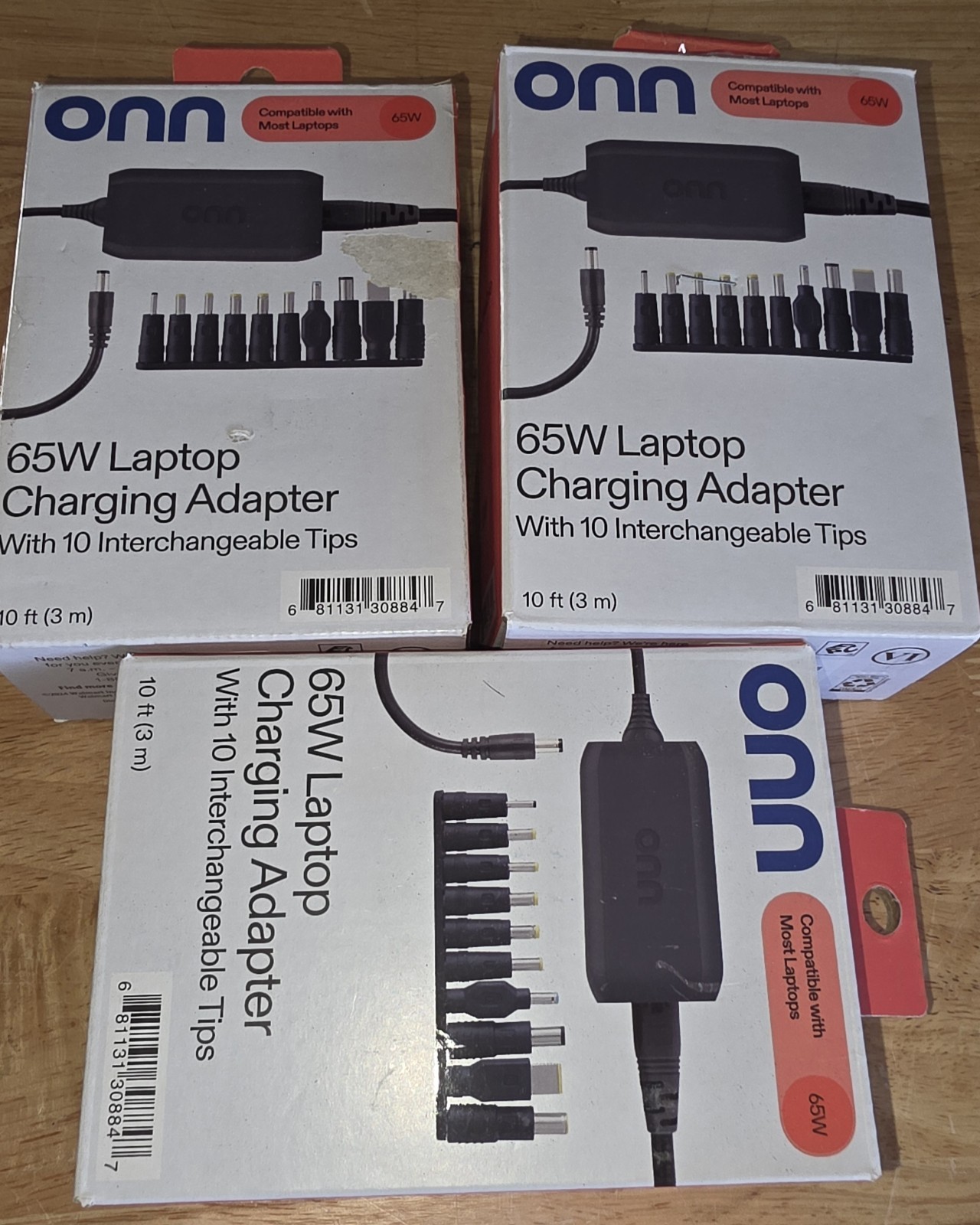 CLEAN 3 PACK onn 65W Laptop Charger  10 Interchangeable Tips, 10ft Power Cord,