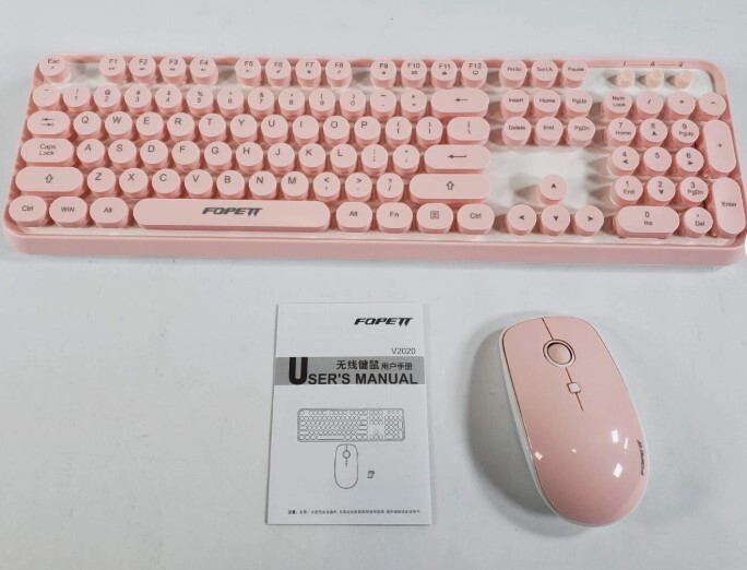 FOPETT Retro Typewriter Wireless Keyboard Mouse Combo – Pink/Cream USB