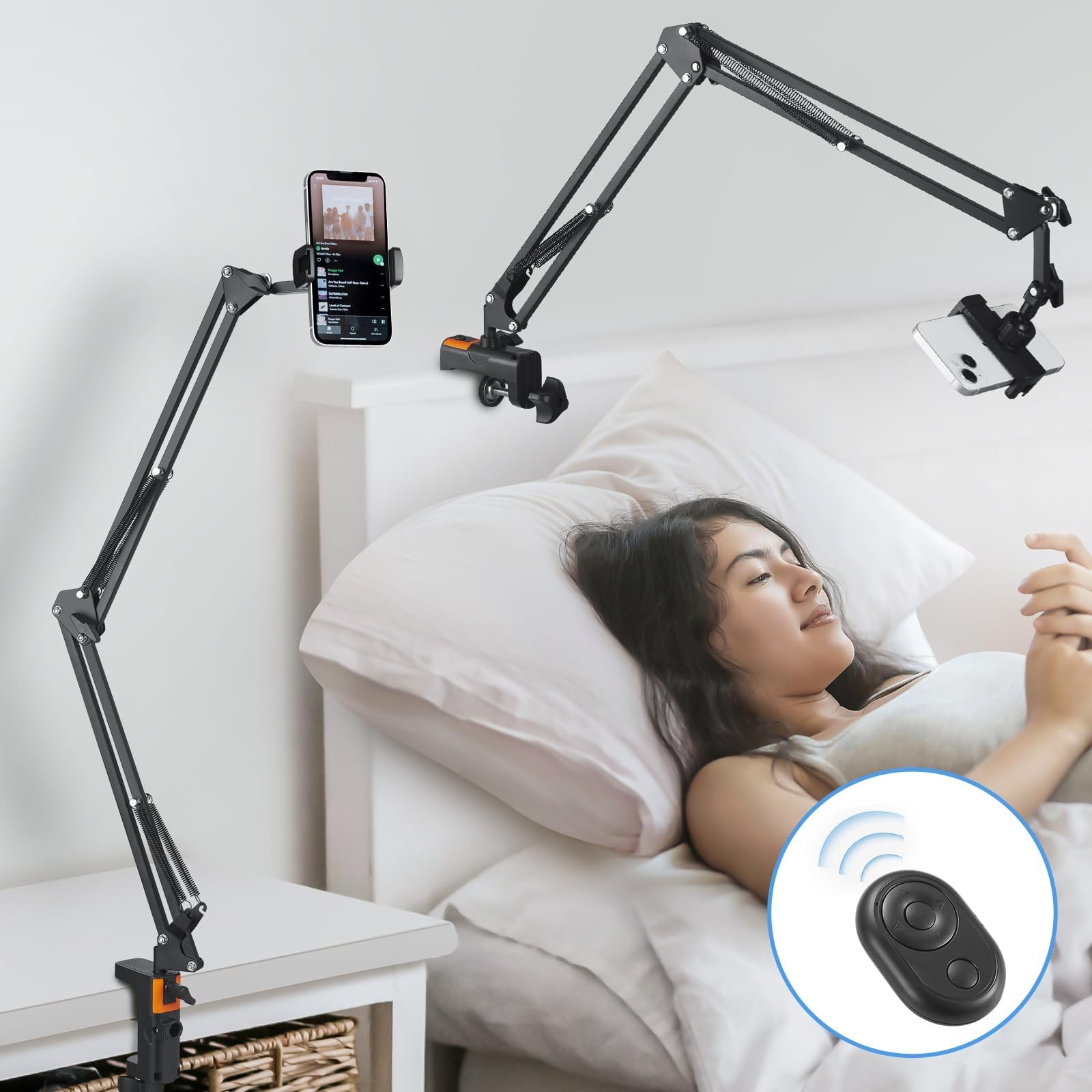 Phone Holder for Bed Desk, Overhead Phone Mount with Wireless Remote, Flexibl...