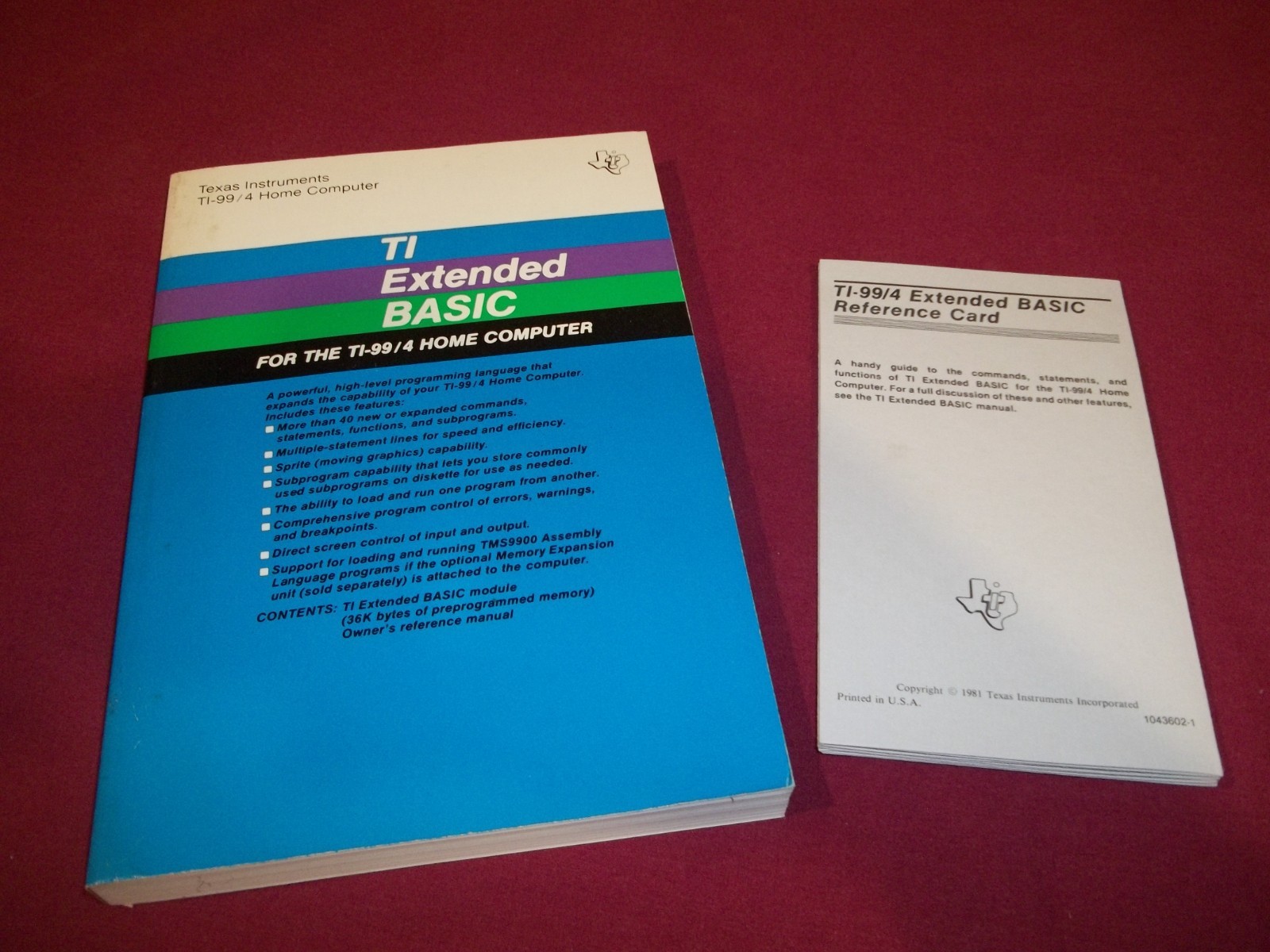 New TI-99/4A TI99 HOME COMPUTER TI Extended Basic MANUAL Book w/ Reference Card