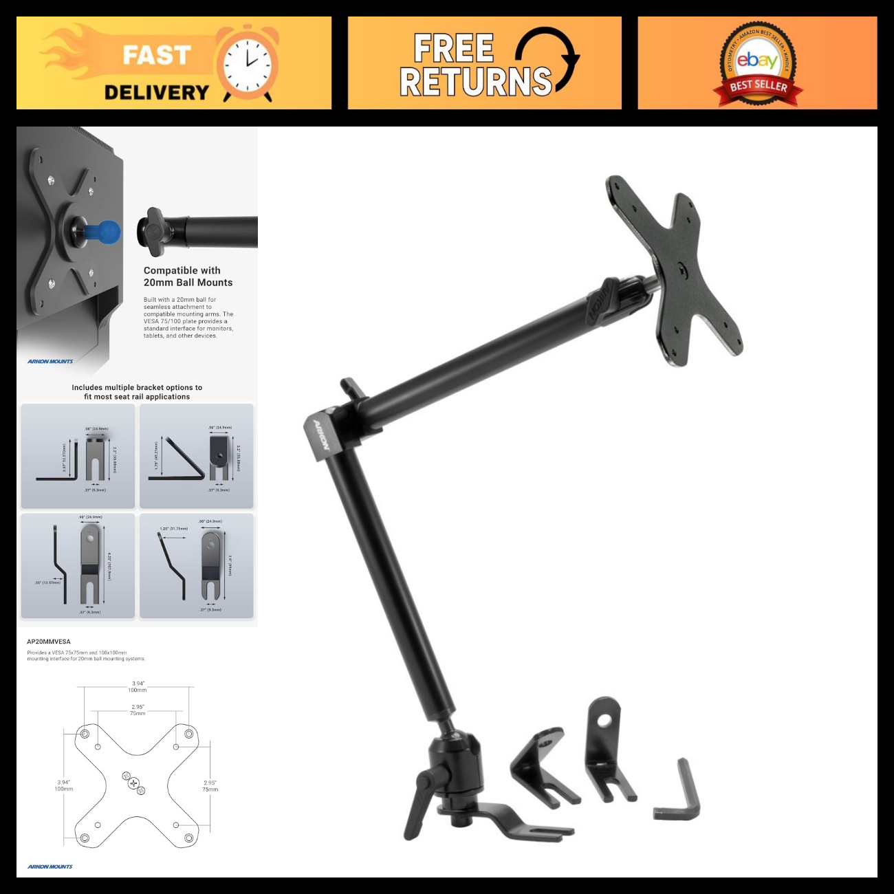 VESA-Compatible Car Seat Rail Mount with 22" Adjustable Arm for Cars & Trucks