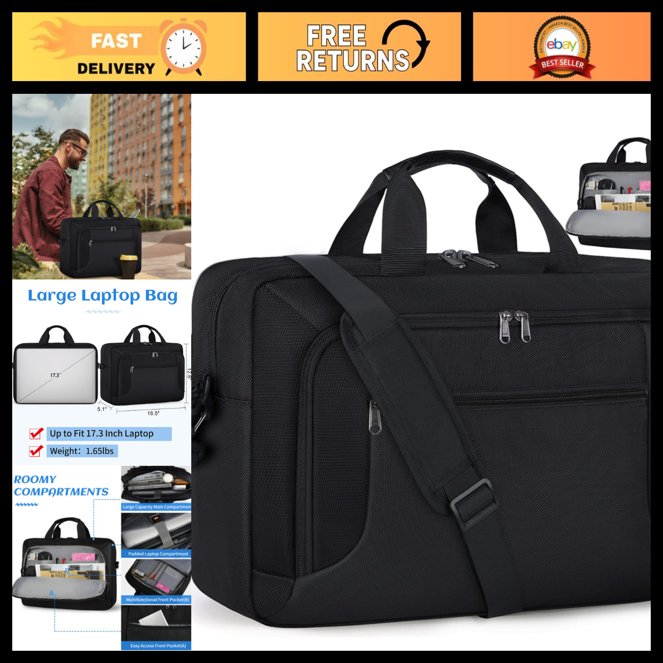 17.3 Inch Laptop Briefcase Bag for Men - Work Computer Case, Durable & Stylish