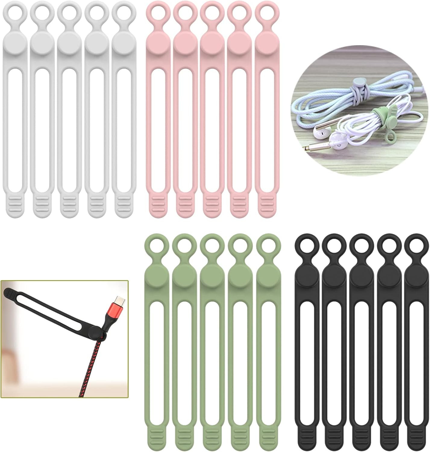 20Pcs Silicone Cable Ties, Cable Management Cord Organizer Multicolor