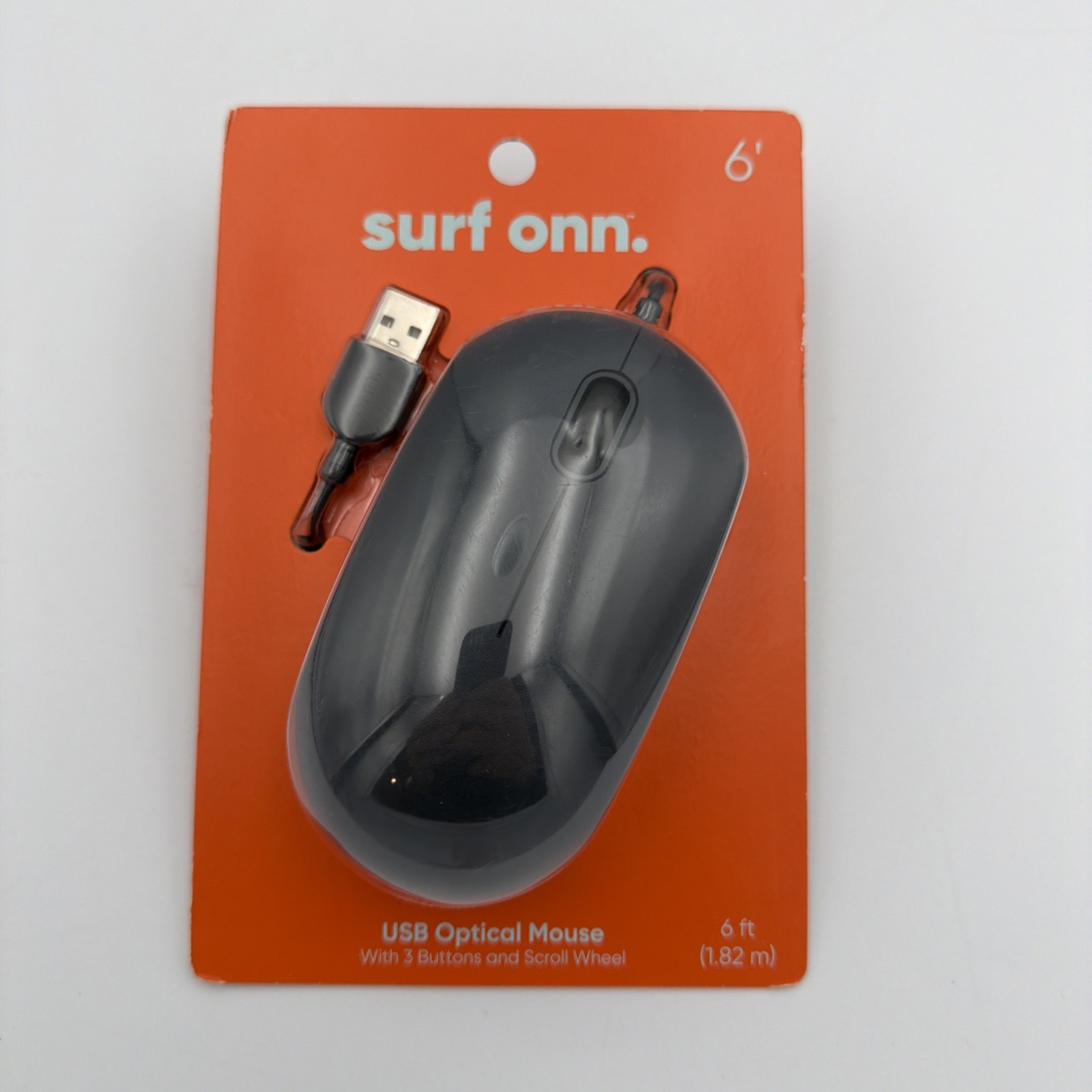 Surf Onn USB Optical Mouse 6ft Cable 3-Button Scroll – NEW Sealed