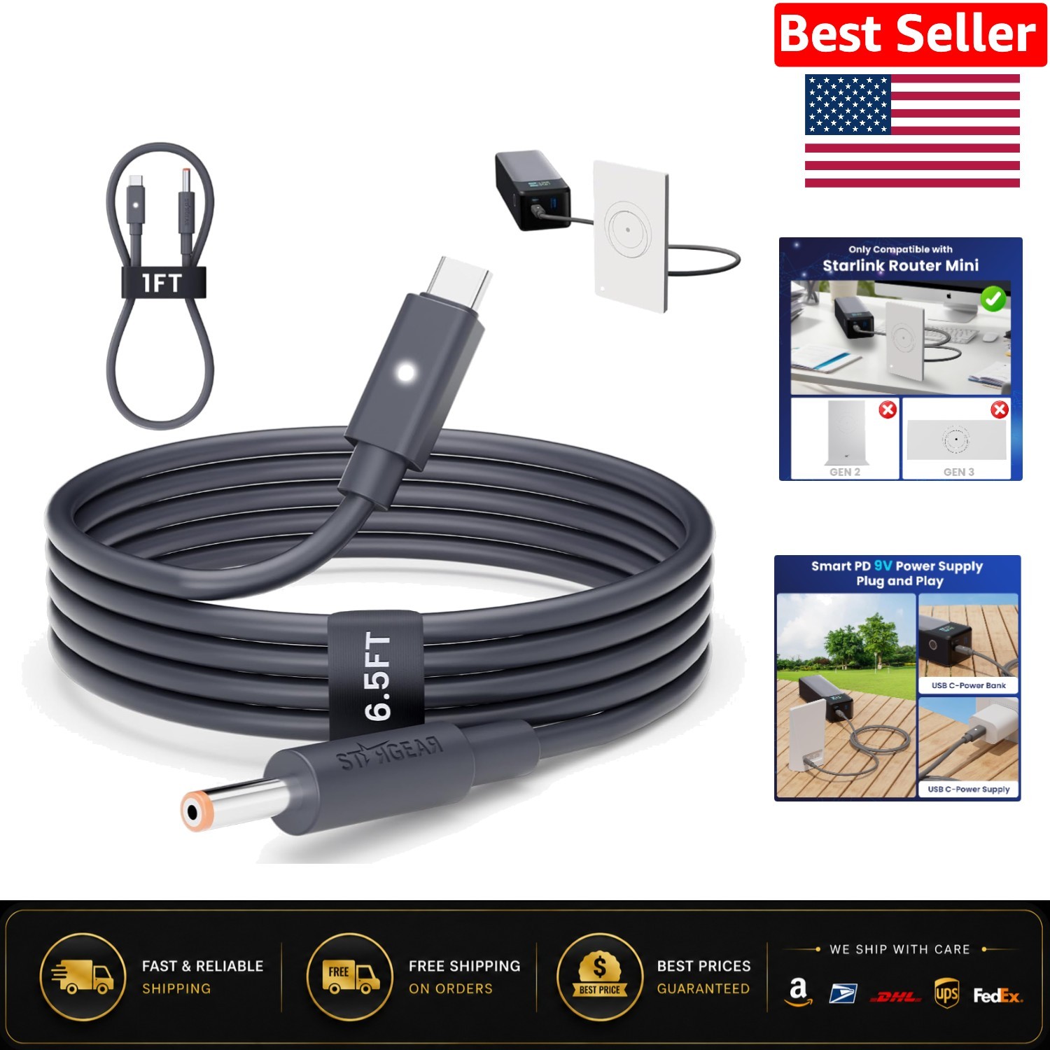 Efficient USB-C to DC Power Cable with LED Status for Starlink Mini - 2 Pack