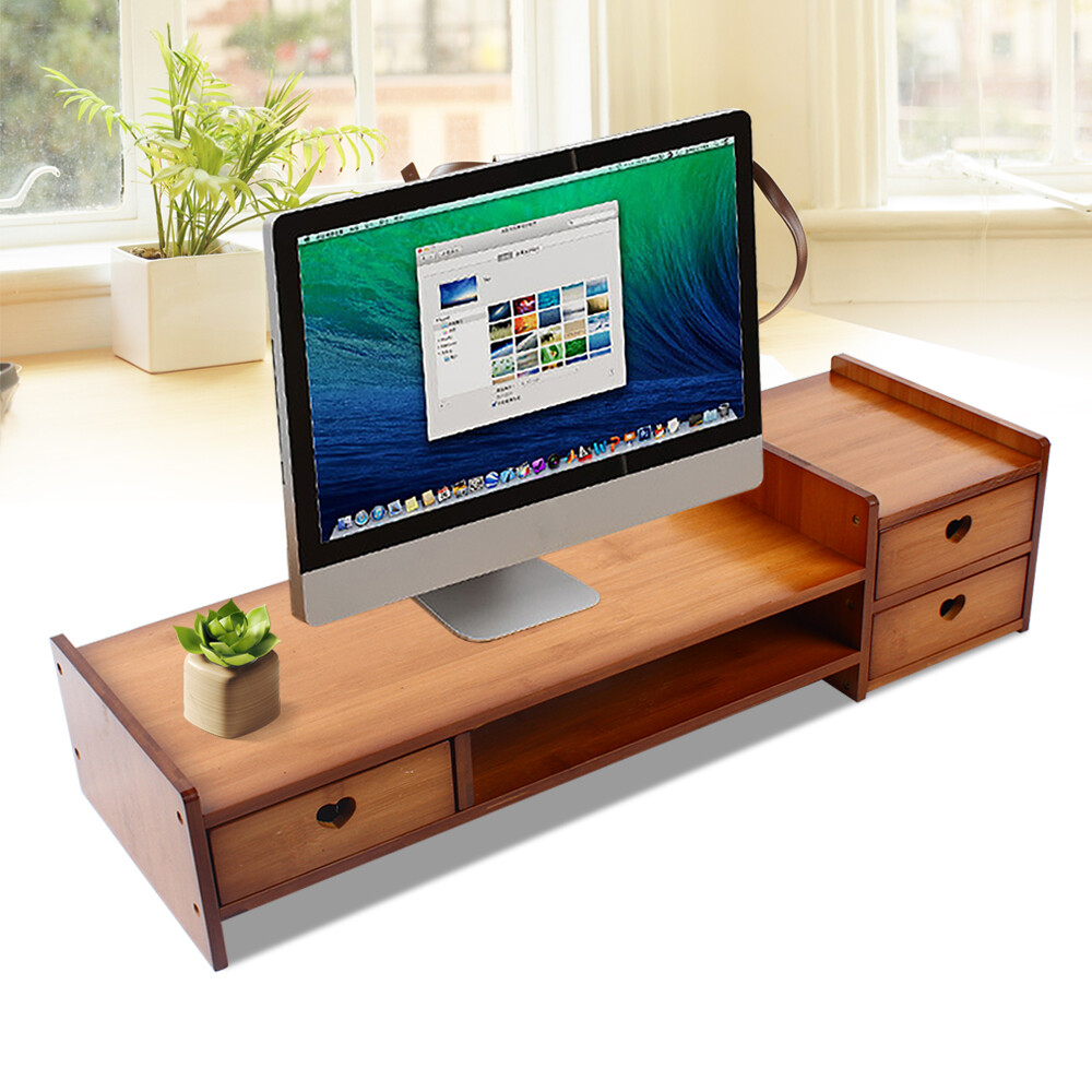 Bamboo Monitor Stand Riser with 3 Drawers & Storage Slots
