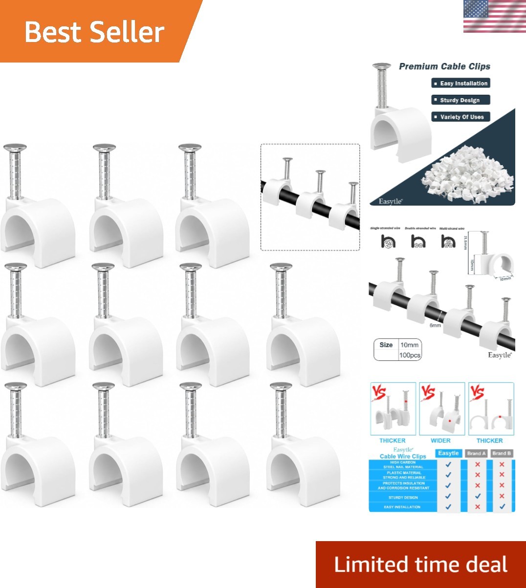 Durable 10mm Cable Clips - 100 Pcs for Easy Installation & Home Organization