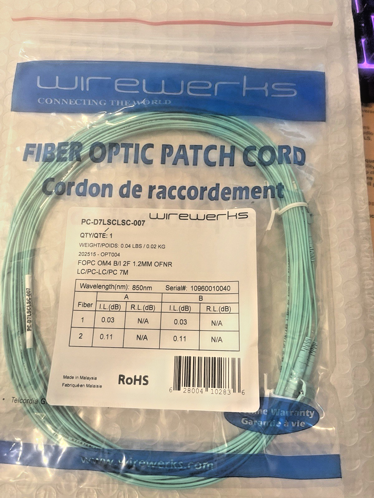 LC-LC UPC Duplex FOPC OM4 2F ZIP 1.2MM OFNR Fiber Optic Patch Cord 5PK, 7 Meters