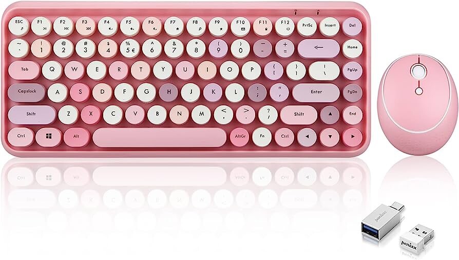PERIDUO-713 2.4GHz Wireless Typewriter Mini Keyboard Mouse Set, Round keys, Pink