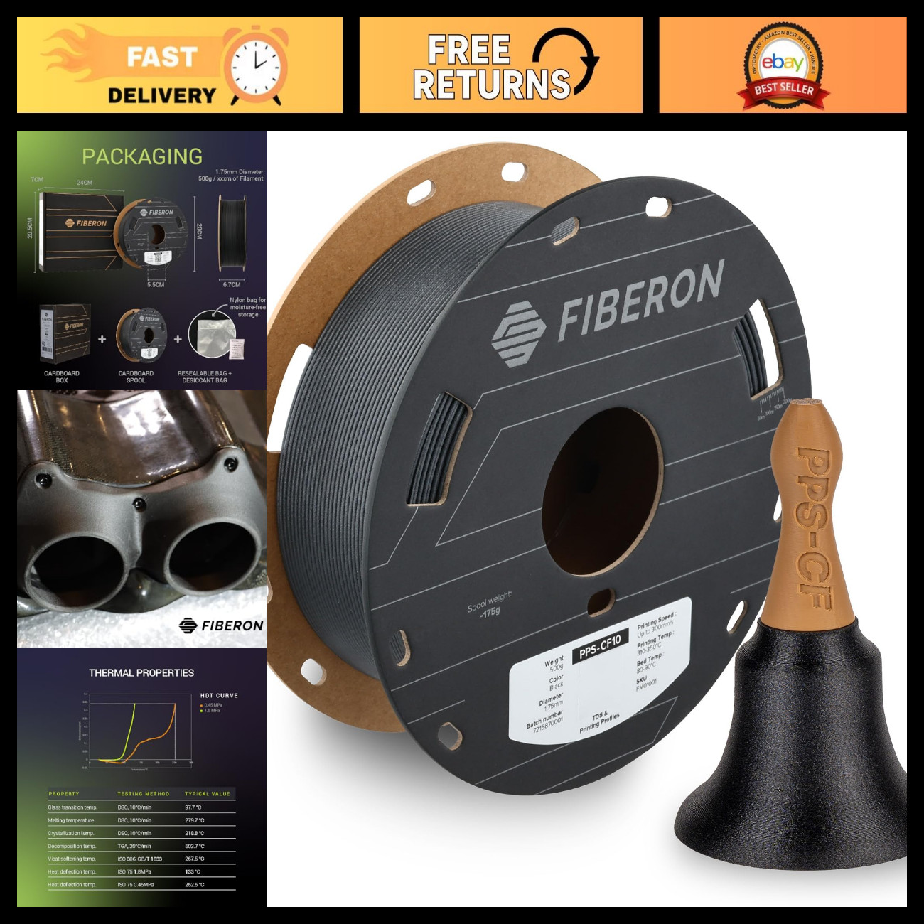 High-Quality Black 1.75mm 0.5KG 3D Printing Filament - Polymaker Fiberon PPS-CF1