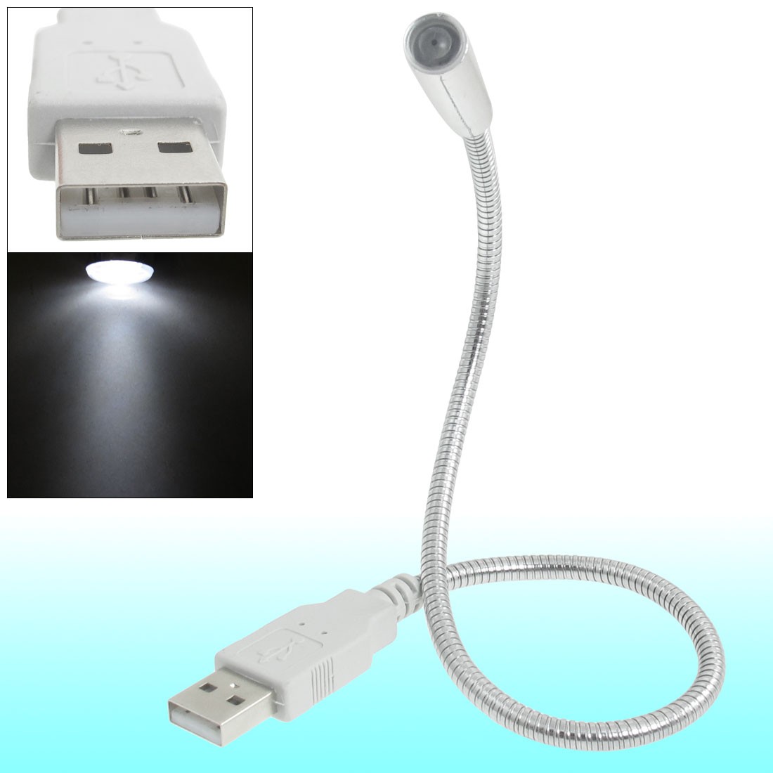 USB White LED Light Flexible Metal Gooseneck Lamp Silver Tone