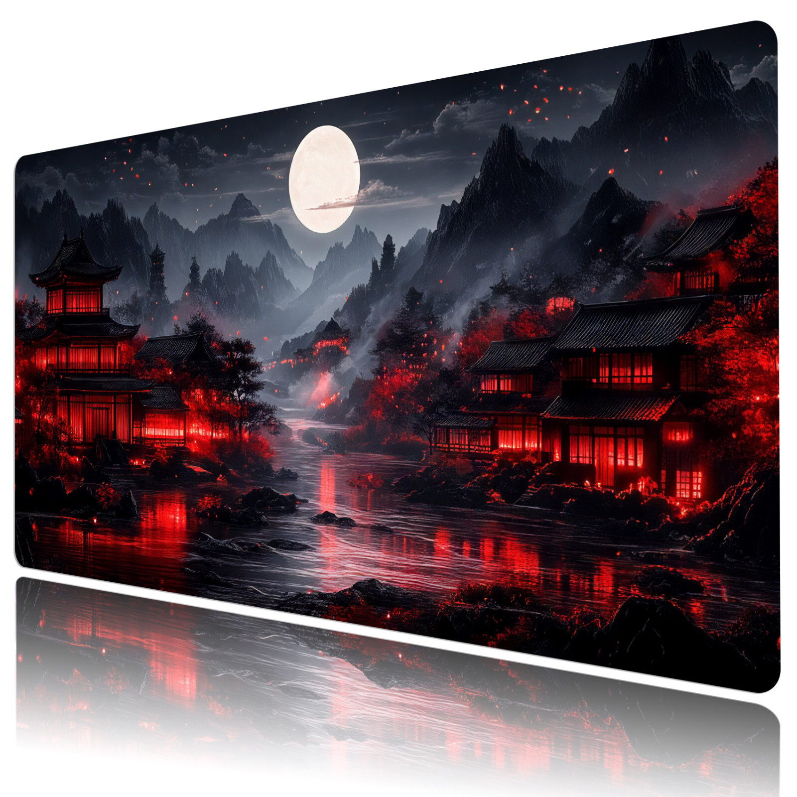 Black Red Japanese Full Moon Mouse Desk Pad for Keyboard Desk Mat 31.5x15.7 inch