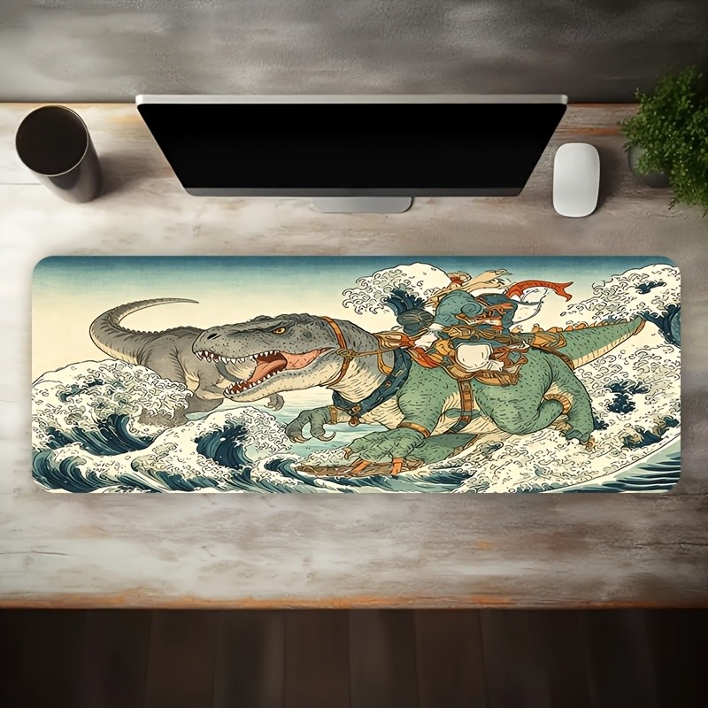 1pc Large Size Esports Gaming Mouse Pad, Ukiyo-E Dinosaur Surfing Pattern, Non