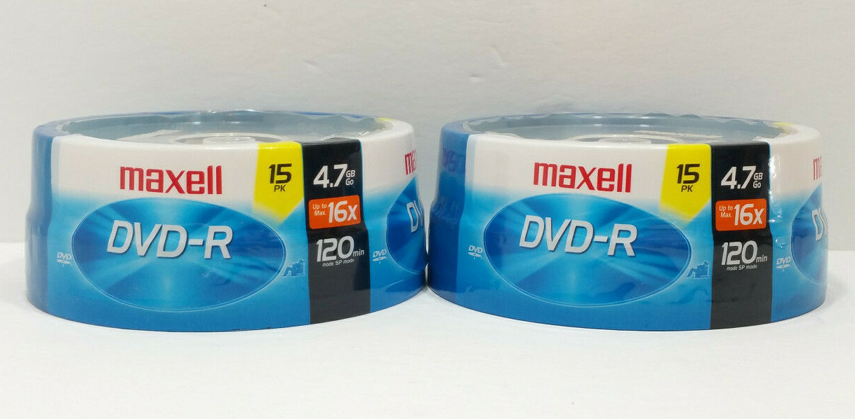 Lot of 2 Maxell DVD-R 15 per Pack Total 30 Discs 4.7GB 16X 120 min 2 Hrs Spindle
