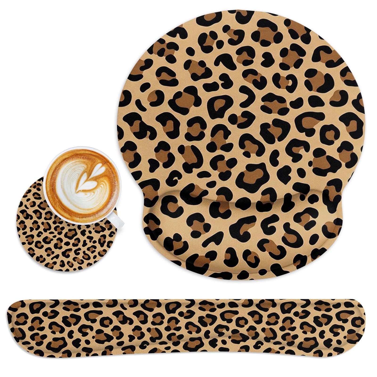 Brown Leopard Print Ergonomic Mouse Pad Set with Pink Wrist Rest Non-Slip Rub...