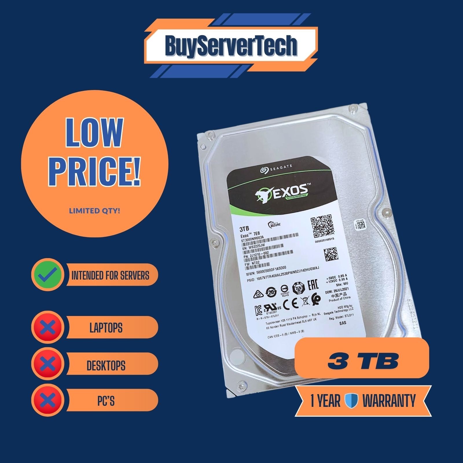 ST3000NM003A Seagate Exos 3TB 7E8 SAS Server 3.5" Hard Drive