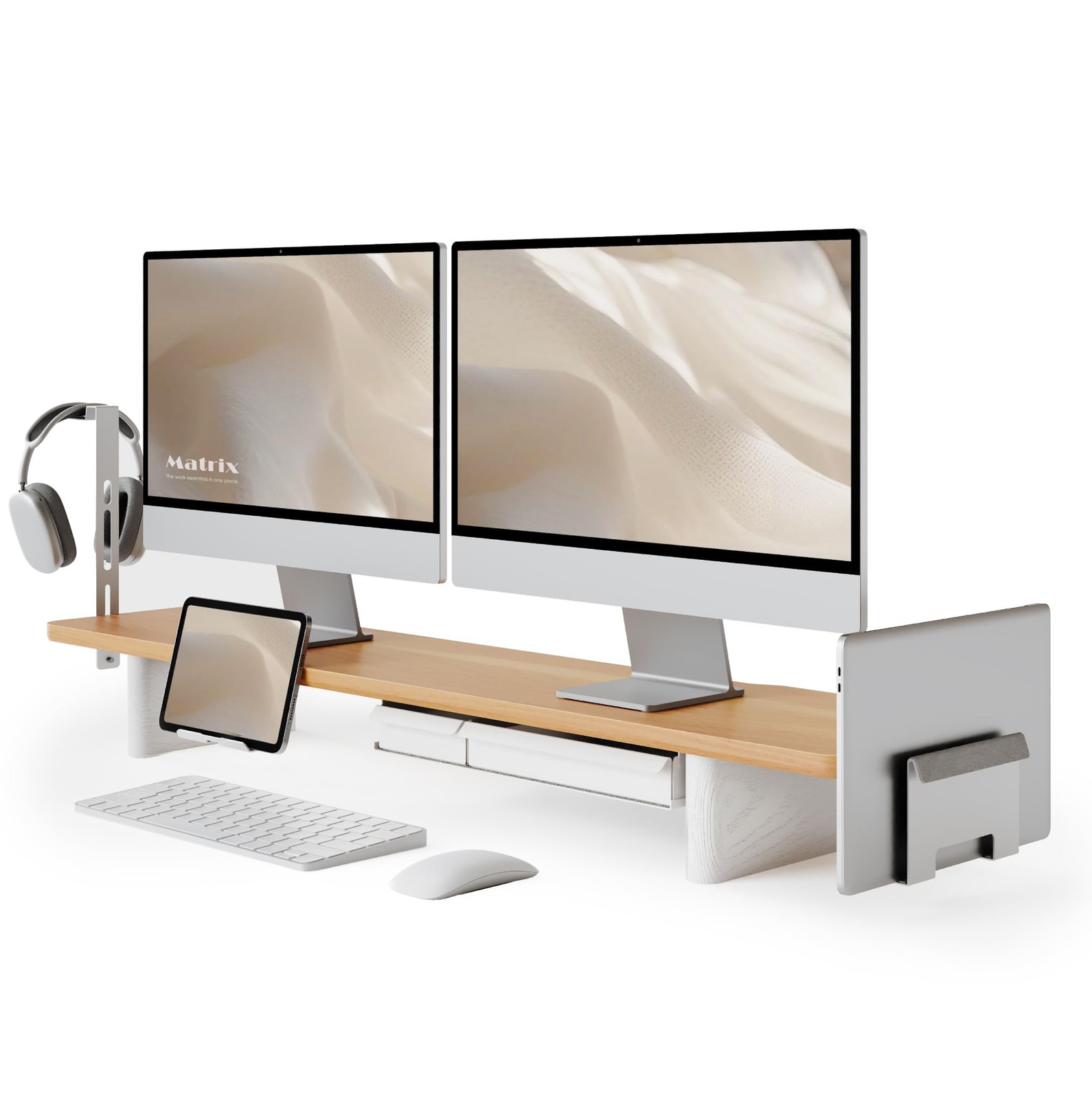 Fenge Modular Dual Monitor Stand Riser with Solid Ash Wood Leg, 42.5" Oak