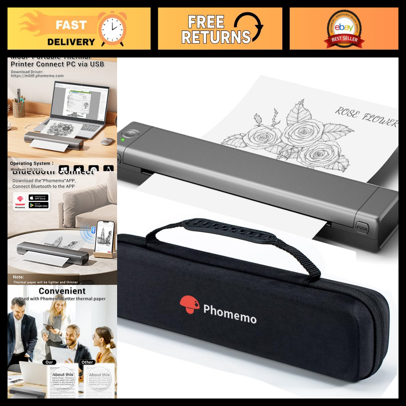 Inkless Portable Wireless Thermal Printer - Bluetooth Compatible for Phone & Lap