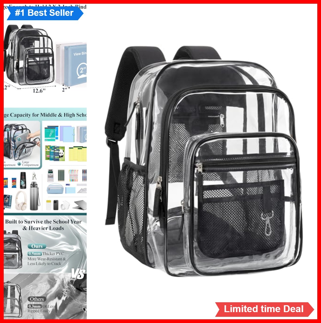 Clear Backpack 18 Inch Extra Large PVC 16 Inch Laptop Sleeve 5 Pockets School