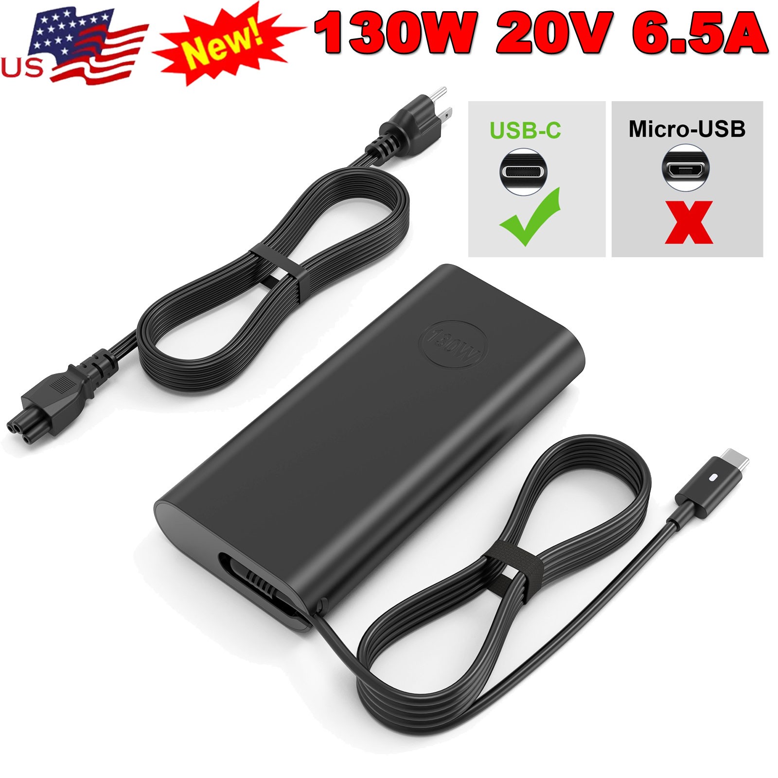 130W USB Type C Laptop Charger AC Adapter for Dell Latitude 5280 5420 7210 7410
