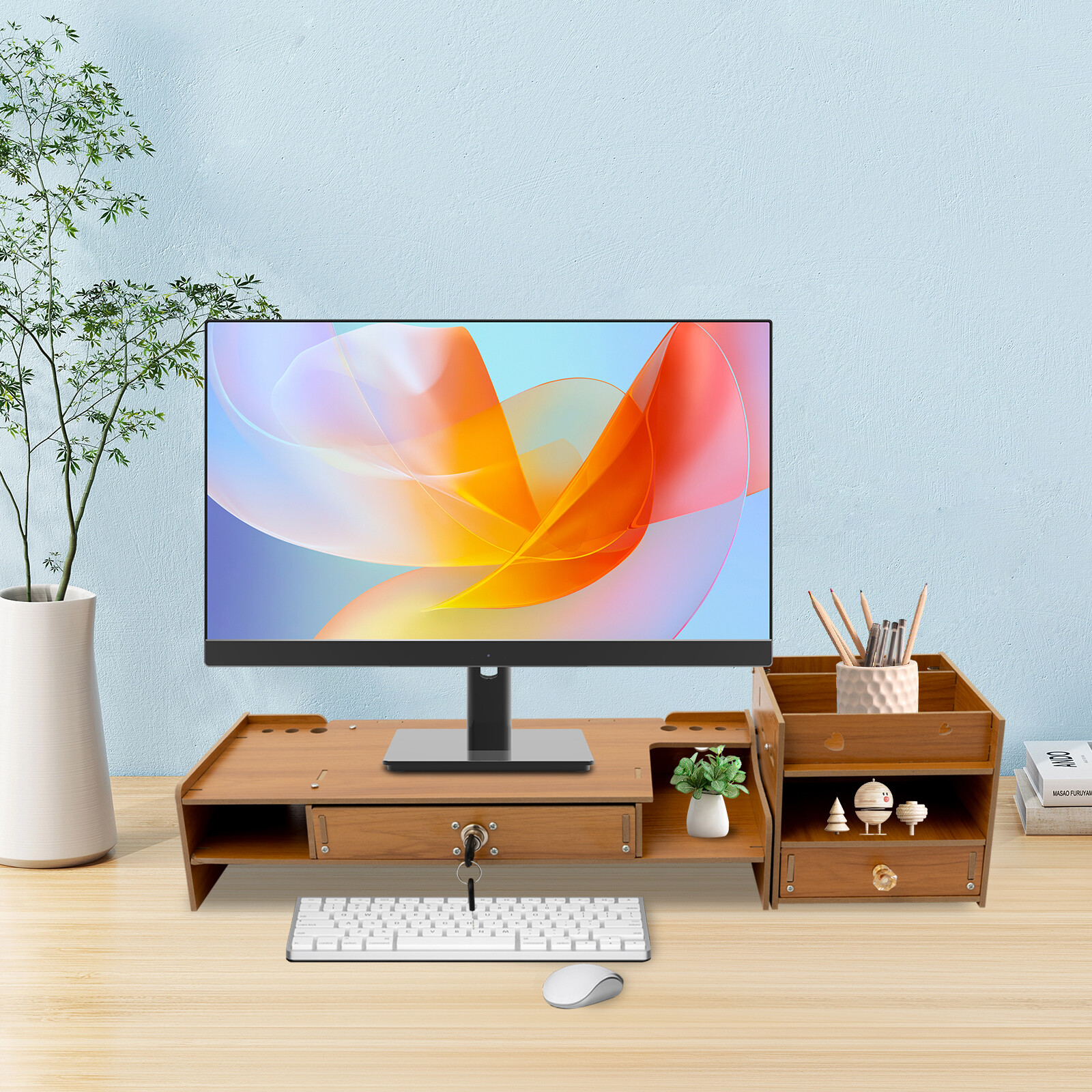 Desktop Monitor Riser Stand With Storage Drawers & Phone Holder Cherry Wood
