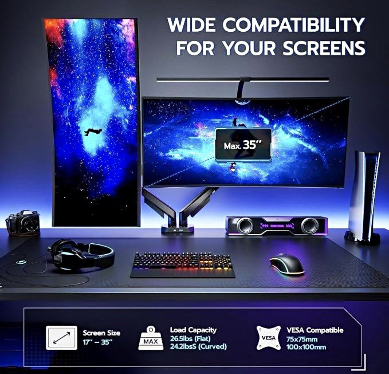 ARES WING 17-35 Inch Heavy Duty Dual Monitor Arm with USB, SILVER