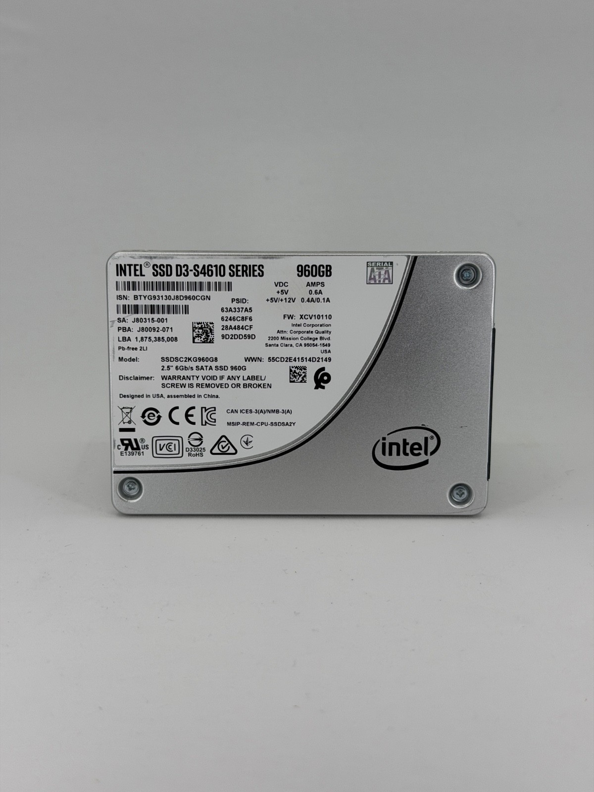 Intel D3-S4610 960GB 2.5" Enterprise SATA SSD (SSDSC2KG960G8) - 100% Health