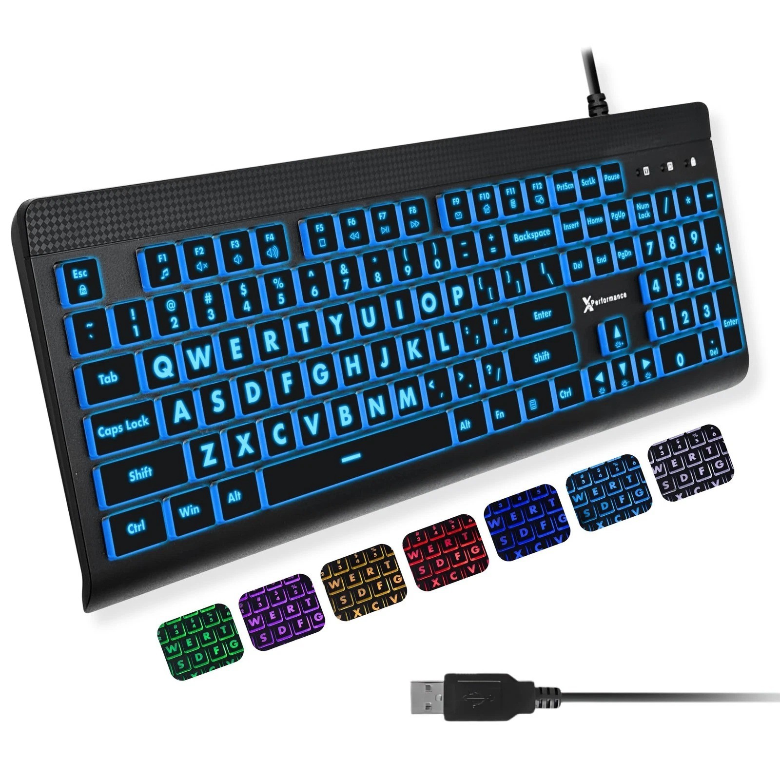 X9 Large Print Backlit Computer Keyboard - Easy to See Big Letters - Lighted USB