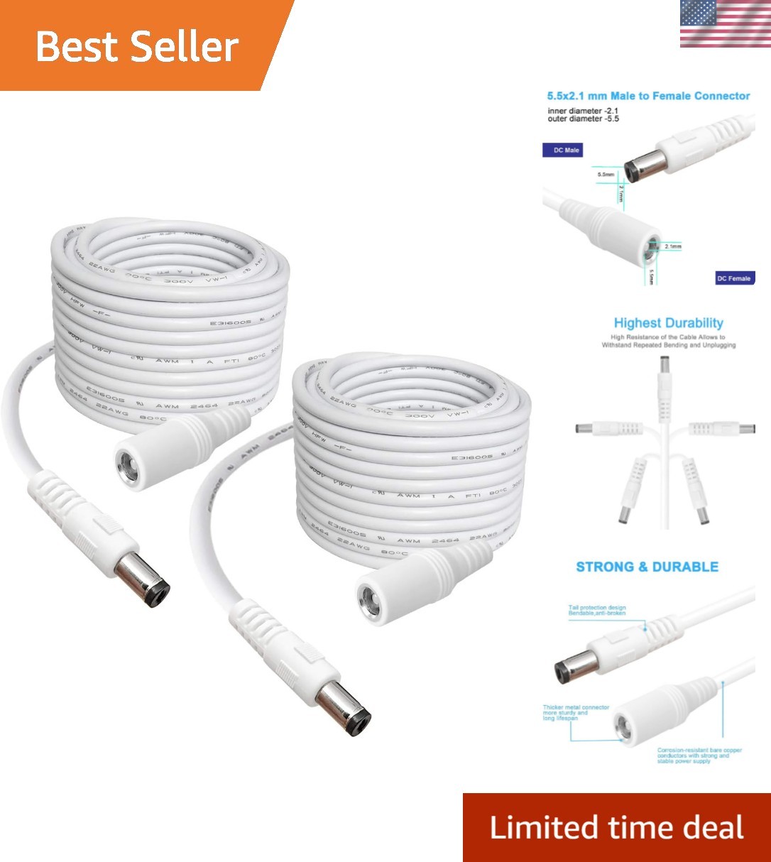 2-Pack 13ft DC Power Extension Cable 5.5mm x 2.1mm for CCTV & LED Lights