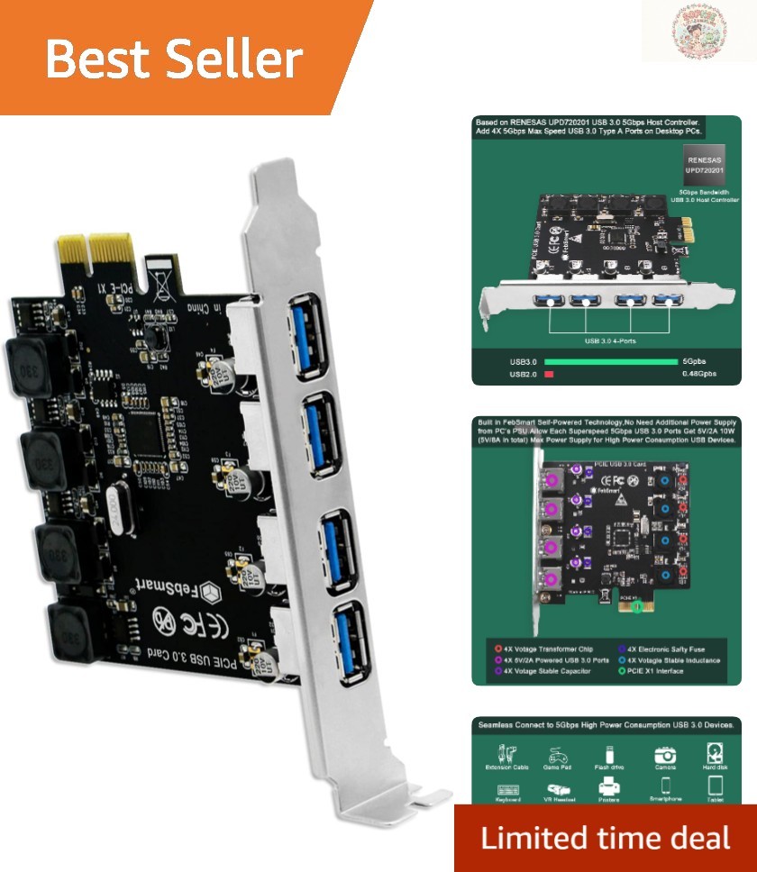 High-Speed 4-Port USB 3.0 Expansion Card for Windows & Linux - 5Gbps Transfer