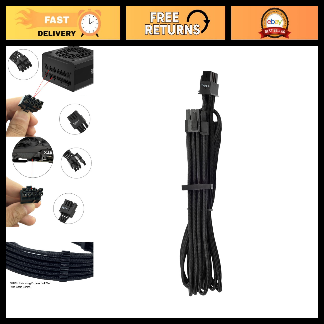 2Pack 8-Pin PCIe Cables (6+2 Split) for Type 4 Gen 4 PSUs - Black, Single Connec