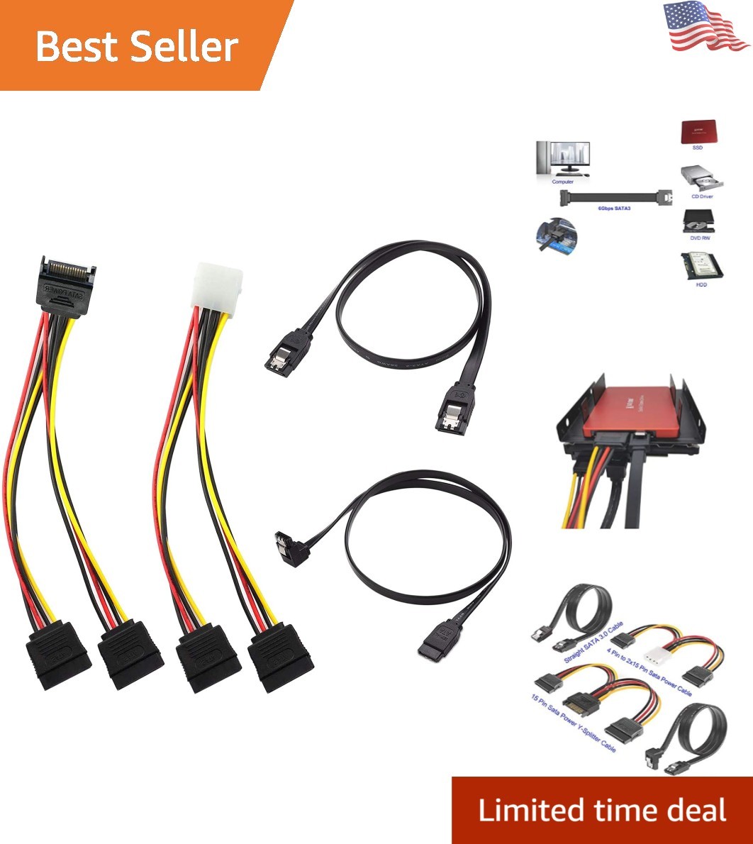 6Gbps SATA III Data Cable Kit with 15-Pin Splitter for High-Speed Transfers