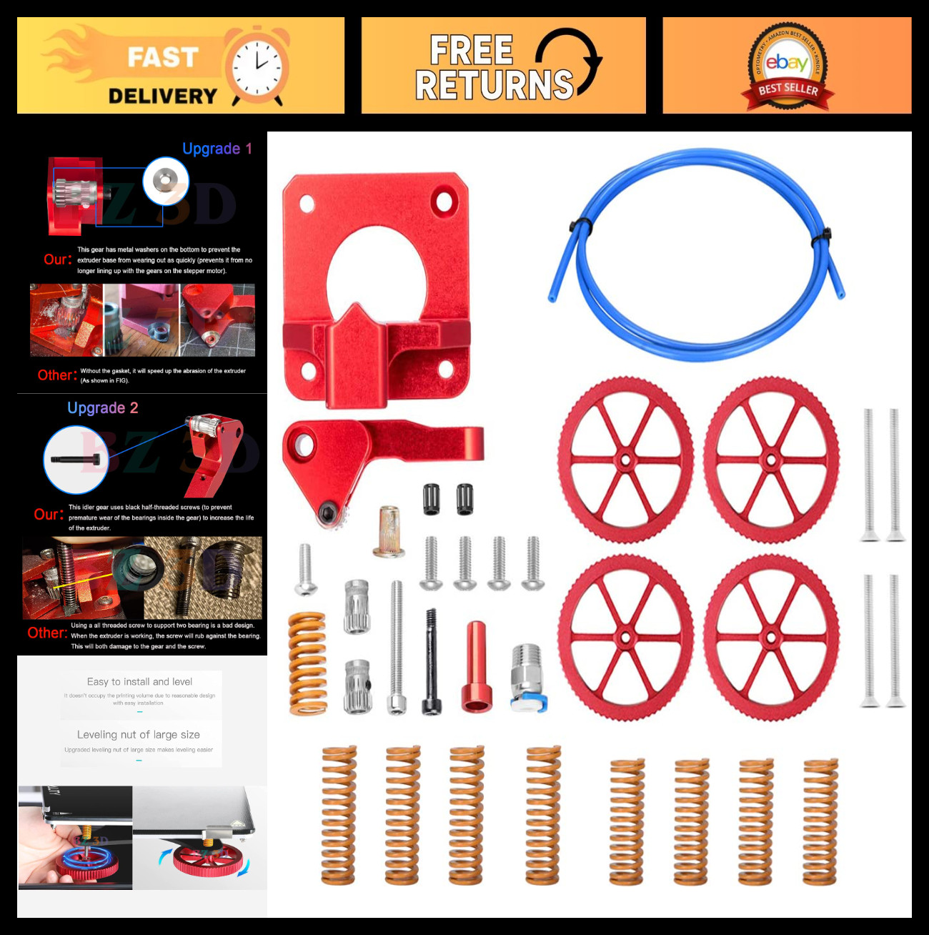 Dual Gear Extruder Upgrade Kit, Metal Leveling Nuts, Hot Bed Springs & PTFE Tube