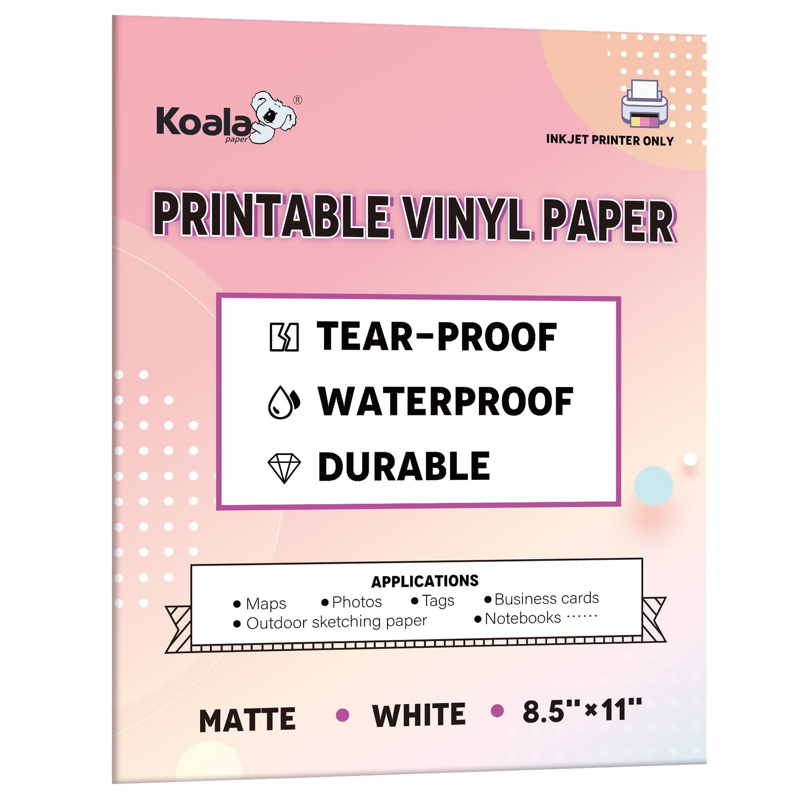 Waterproof Paper for Inkjet Printer, 8.5x11 Inch 30 Sheets, Matte White Tear-...