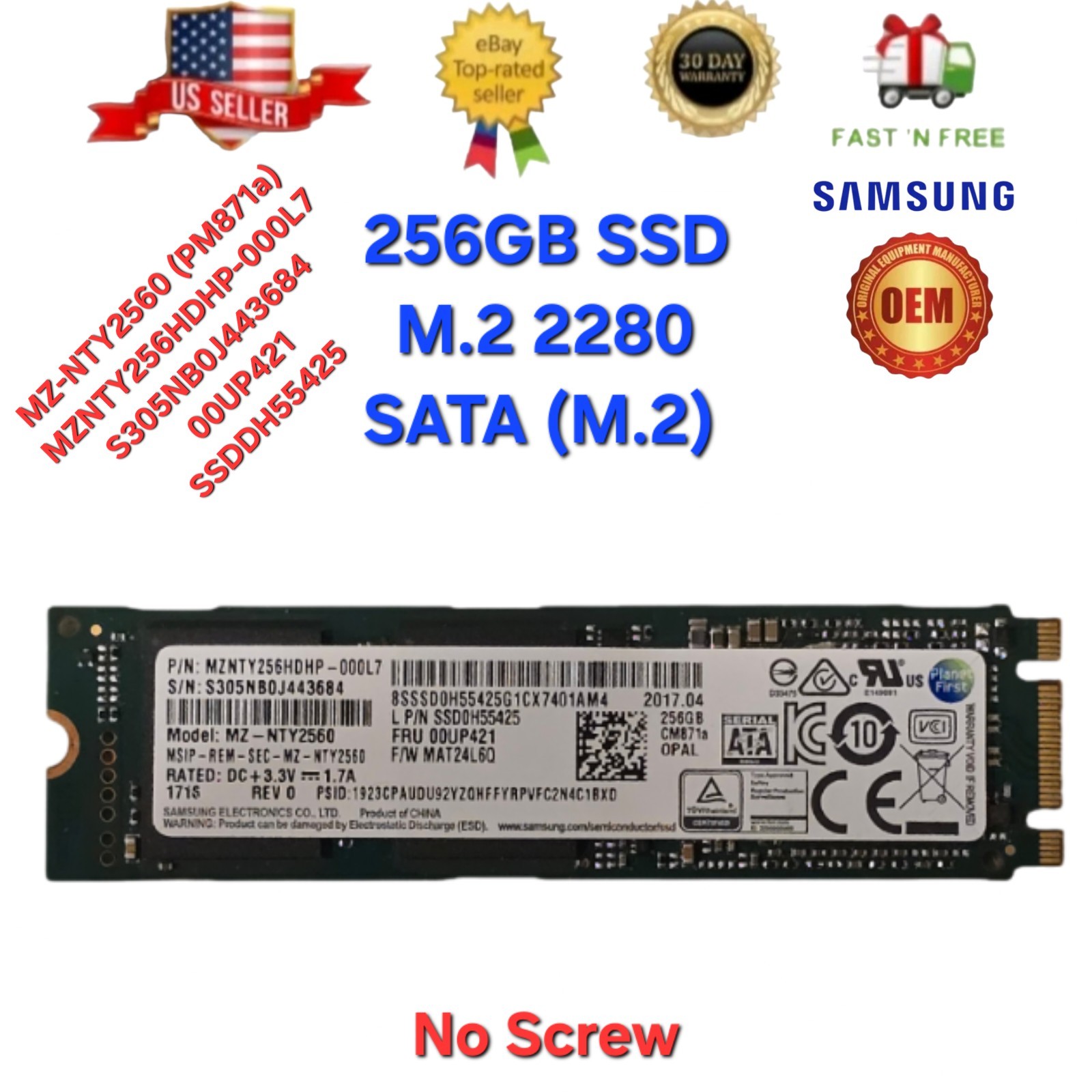 Samsung PM871a 256GB M.2 SATA SSD MZ-NTY2560 Lenovo OEM 00UP421 SSDDH55425