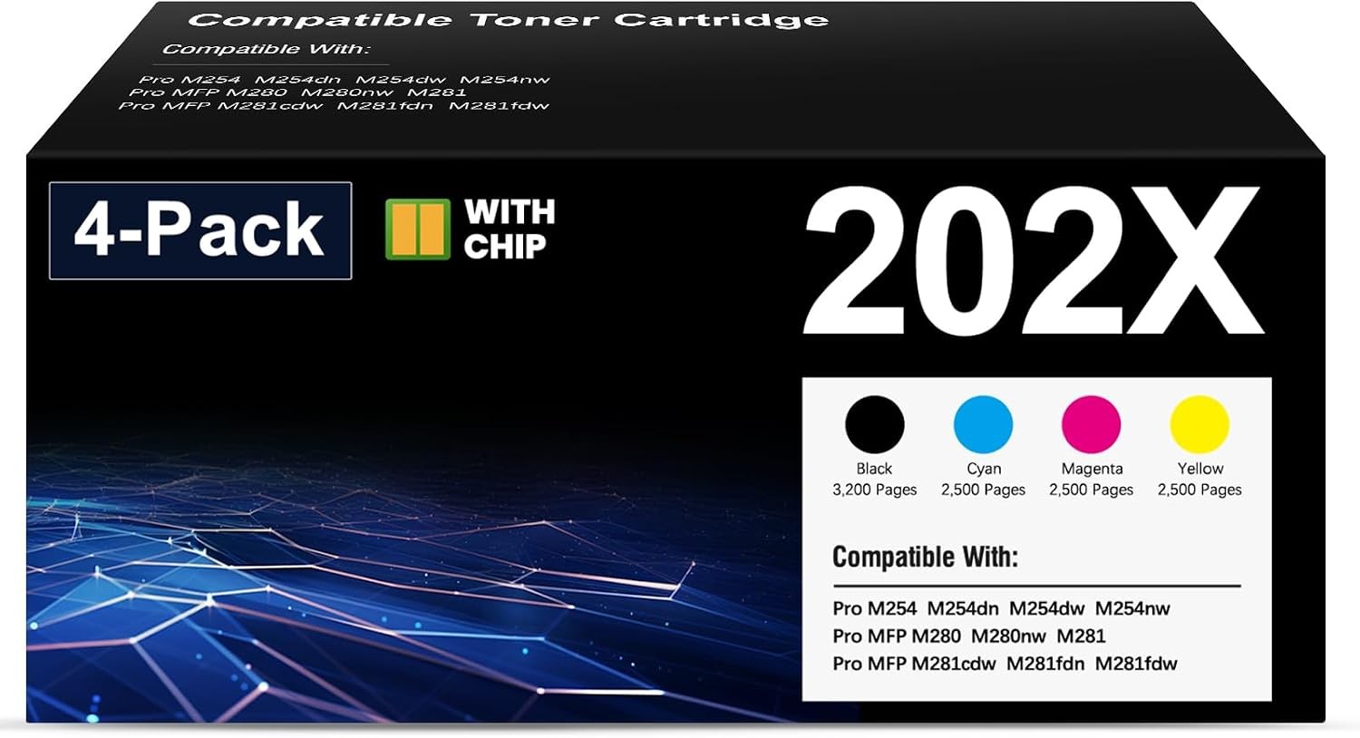 Compatible w/ HP 202X CF500X CF501X CF502X CF503X Toner 4-Pack M281fdw M254dw