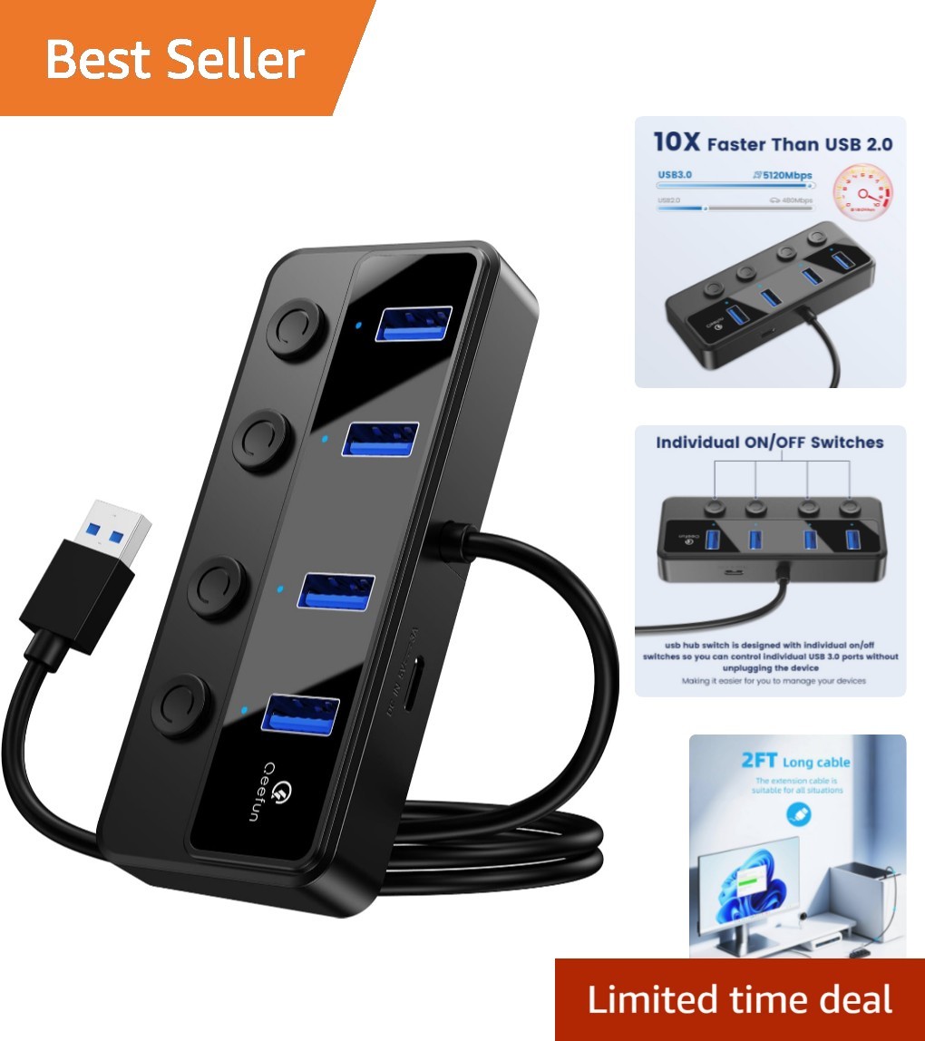 Fast 5Gbps USB 3.0 Hub with LED Indicators & Power Switches for All Devices